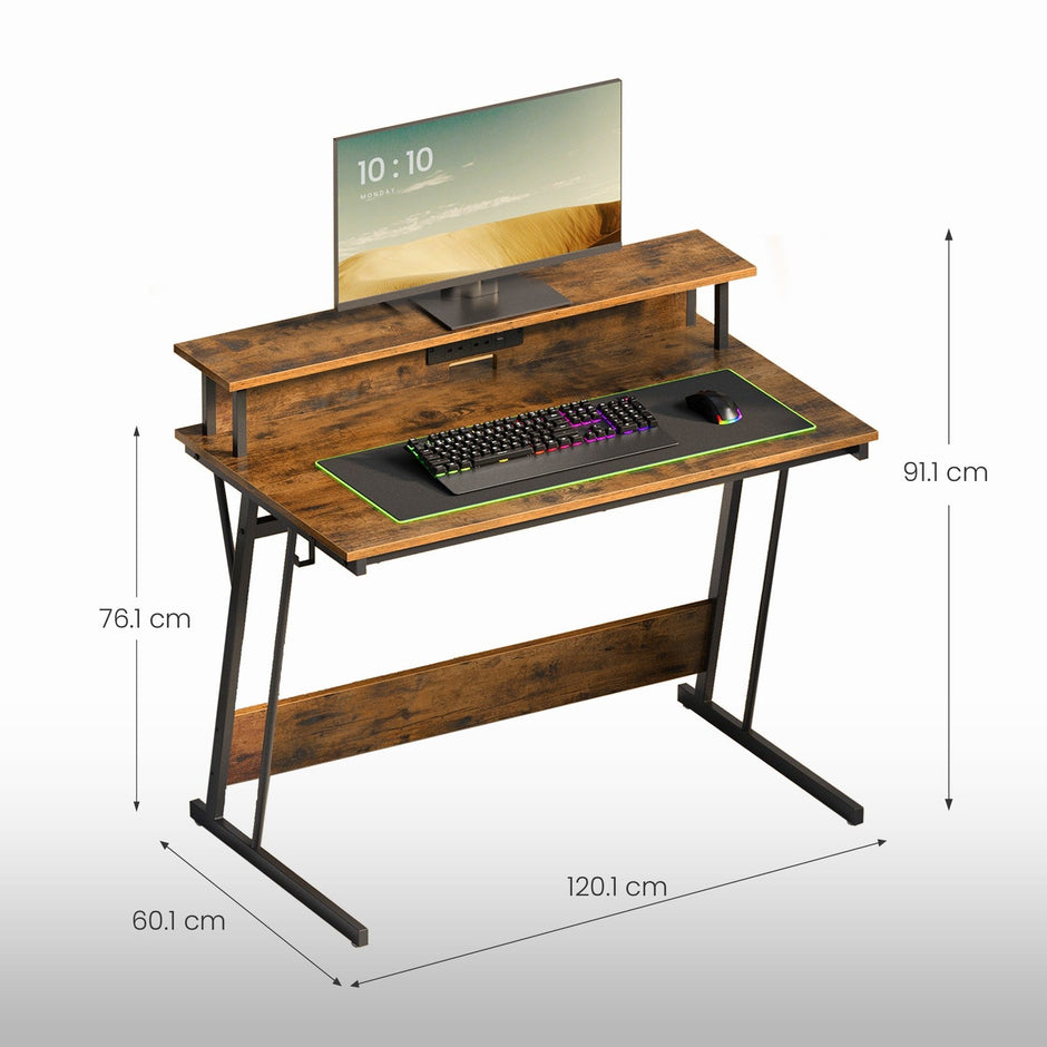 Gaming Desk – Wood – Black – Monitor Shelf and Built-In Power Outlets with LED Lights