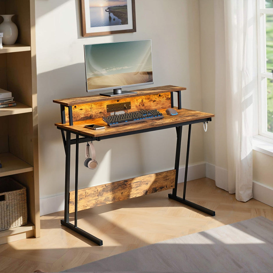 Gaming Desk – Wood – Black – Monitor Shelf and Built-In Power Outlets with LED Lights