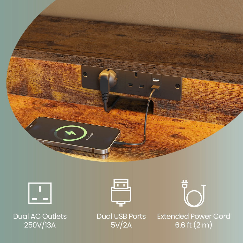 Gaming Desk – Wood – Black – Monitor Shelf and Built-In Power Outlets with LED Lights
