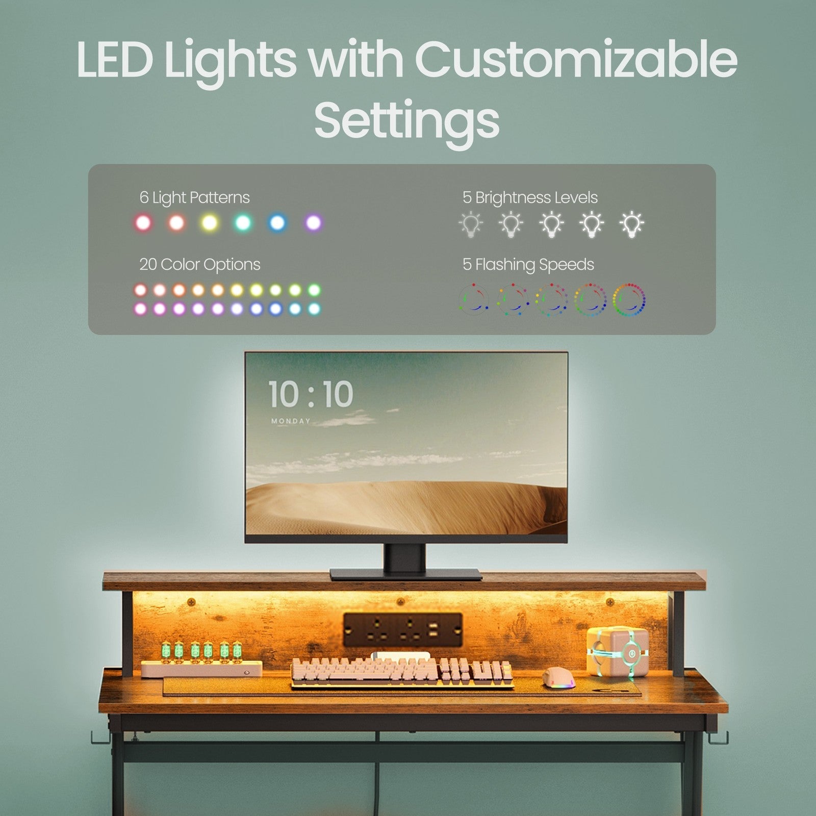 Gaming Desk – Wood – Black – Monitor Shelf and Built-In Power Outlets with LED Lights