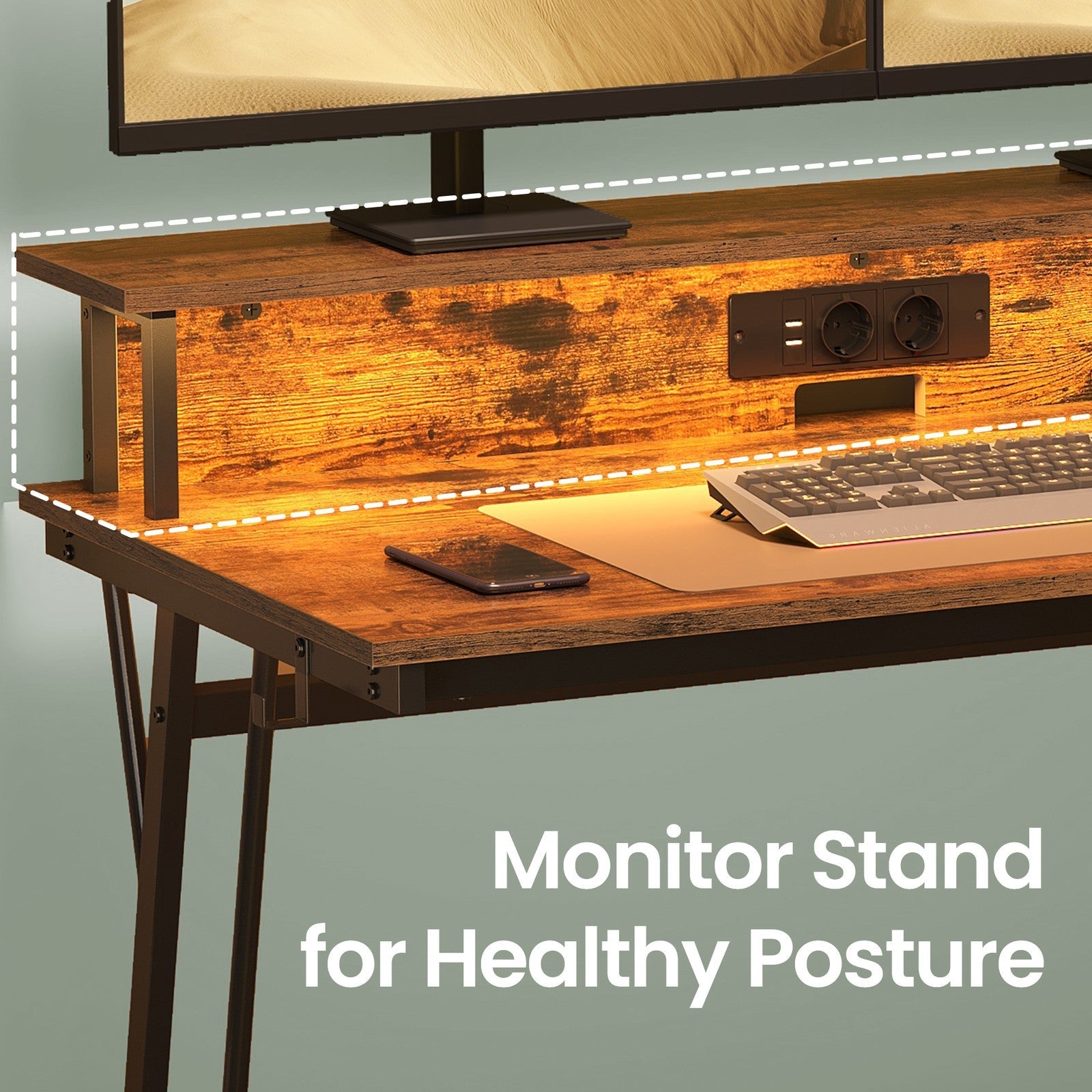 Gaming Desk – Wood – Black – Monitor Shelf and Built-In Power Outlets with LED Lights