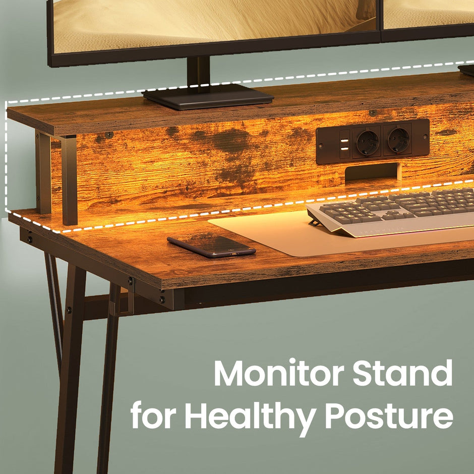 Gaming Desk – Wood – Black – Monitor Shelf and Built-In Power Outlets with LED Lights