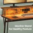 Gaming Desk – Wood – Black – Monitor Shelf and Built-In Power Outlets with LED Lights