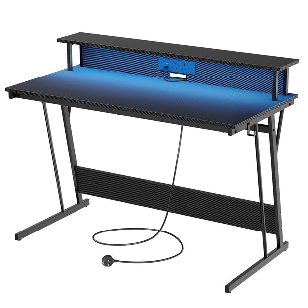 Computer Desk – Carbon Black – LED Lights – Built-In Power Outlets with Monitor Shelf