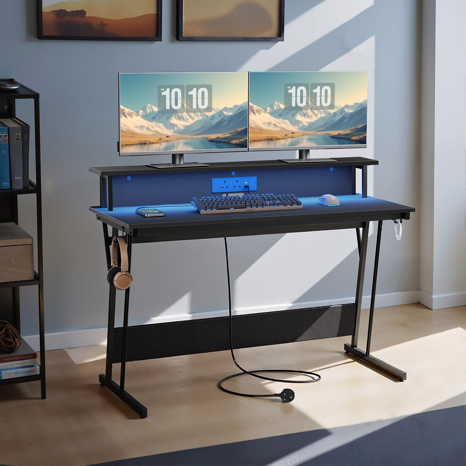Computer Desk – Carbon Black – LED Lights – Built-In Power Outlets with Monitor Shelf