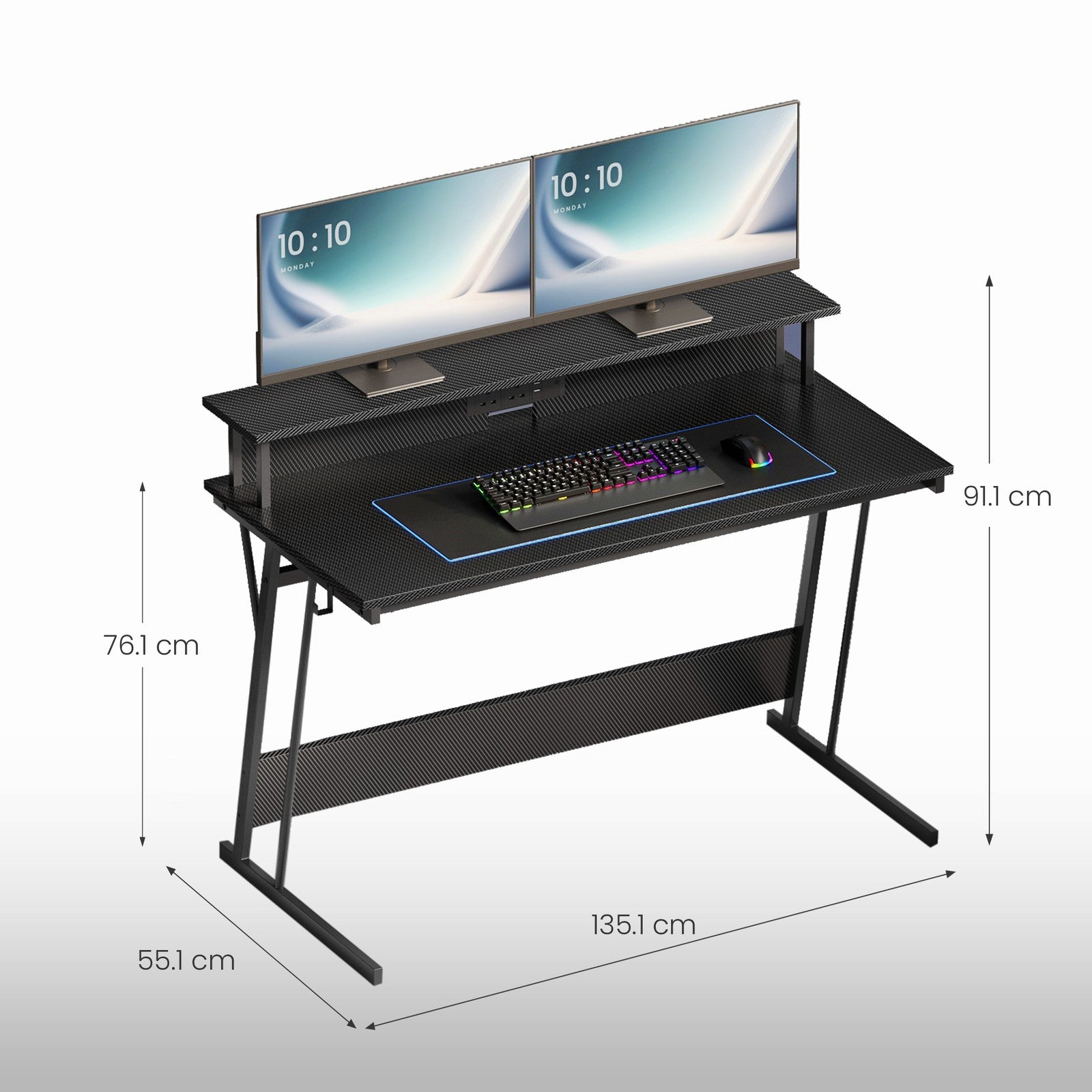Computer Desk – Carbon Black – LED Lights – Built-In Power Outlets with Monitor Shelf