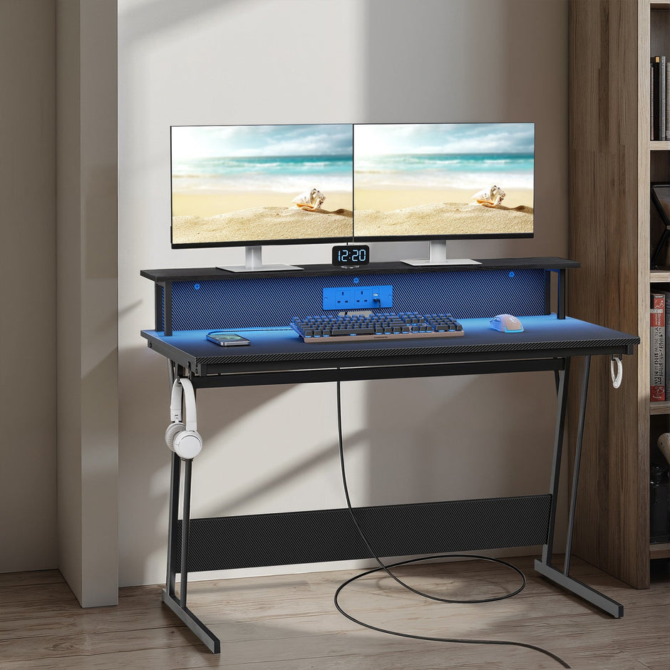 Computer Desk – Carbon Black – LED Lights – Built-In Power Outlets with Monitor Shelf