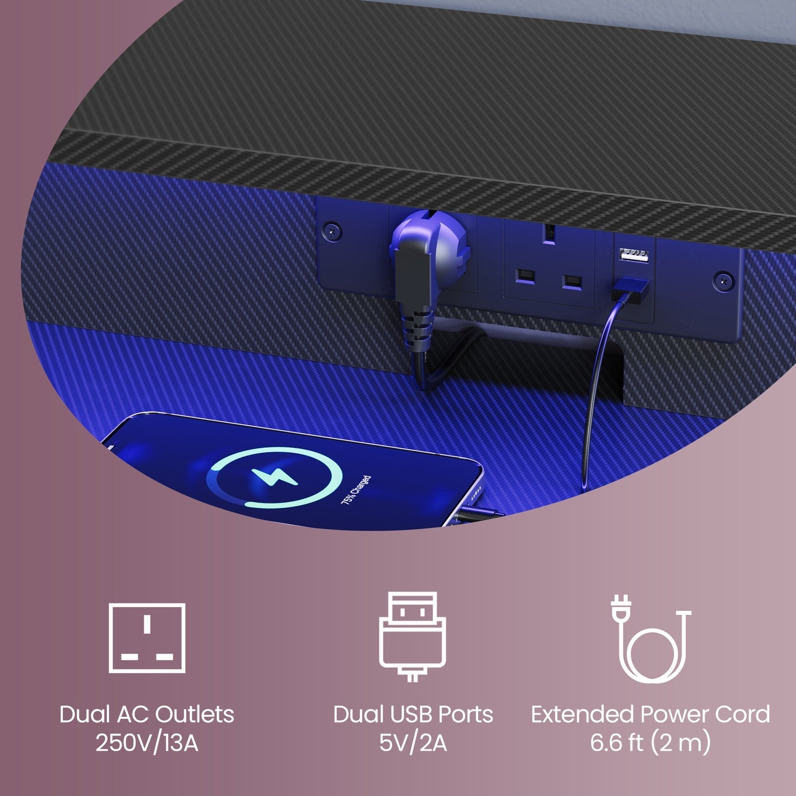 Computer Desk – Carbon Black – LED Lights – Built-In Power Outlets with Monitor Shelf