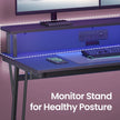 Computer Desk – Carbon Black – LED Lights – Built-In Power Outlets with Monitor Shelf
