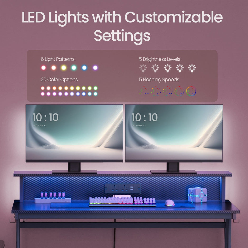 Computer Desk – Carbon Black – LED Lights – Built-In Power Outlets with Monitor Shelf