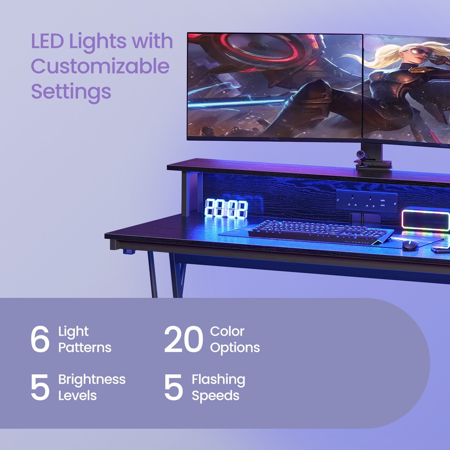 Gaming Desk – Engineered Wood – Black – Built-In Power Outlets and LED Lights with Monitor Shelf, 60 x 120 x 76 cm