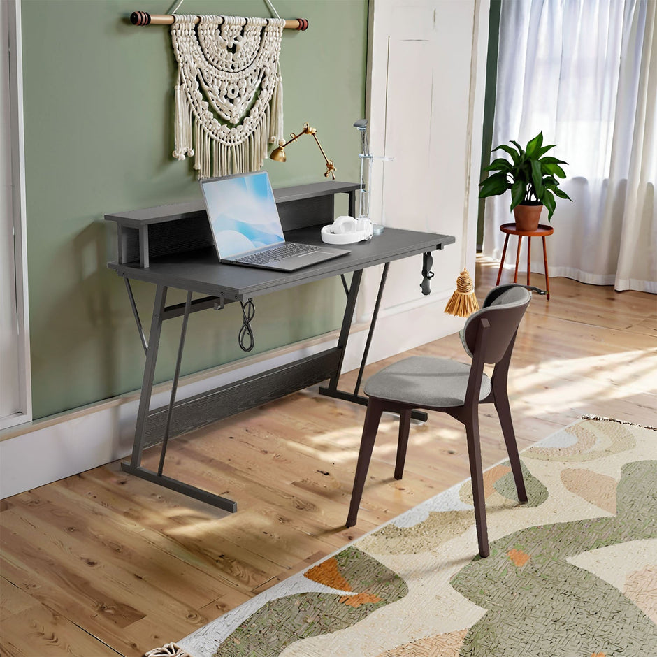 Gaming Desk – Engineered Wood – Black – Built-In Power Outlets and LED Lights with Monitor Shelf, 60 x 120 x 76 cm