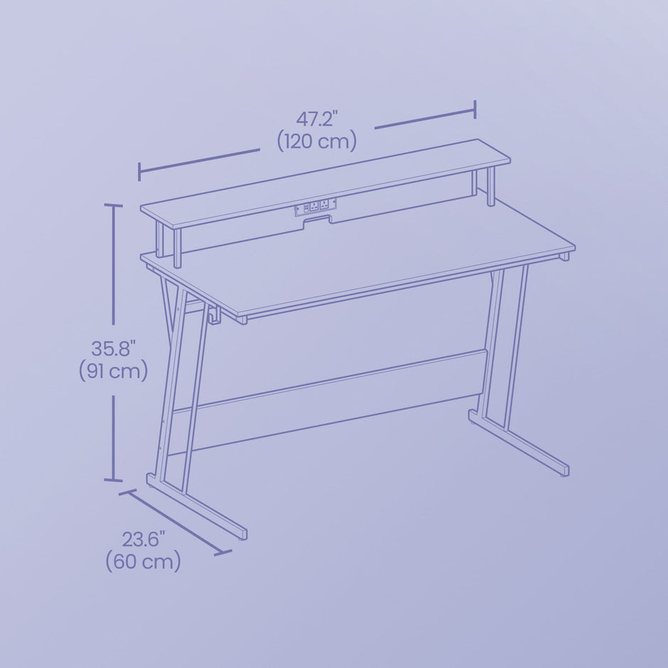 Gaming Desk – Engineered Wood – Black – Built-In Power Outlets and LED Lights with Monitor Shelf, 60 x 120 x 76 cm