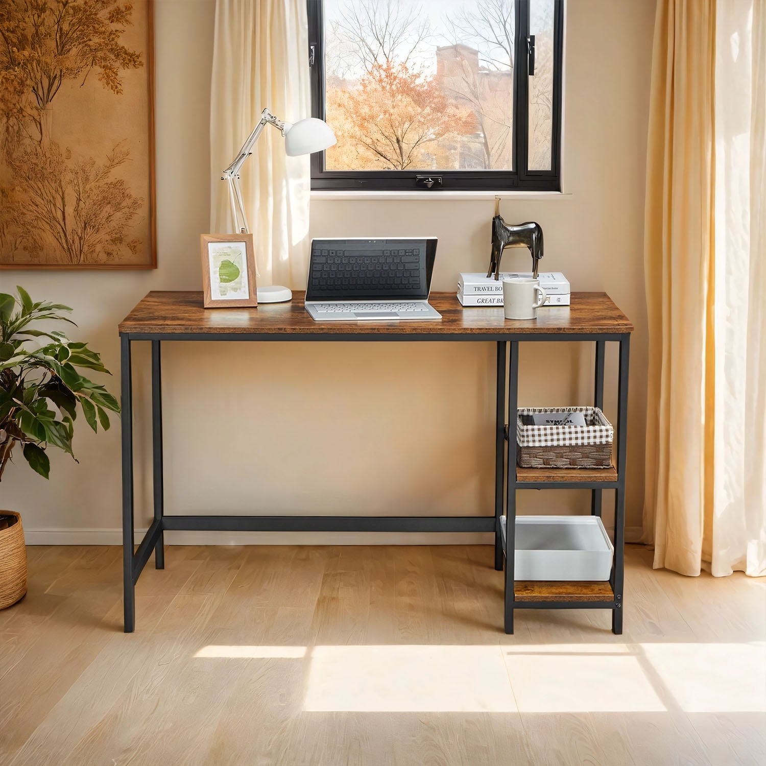 Writing Desk – Metal Frame and Wood – Rustic Brown and Black – Two Shelves for Versatile Storage