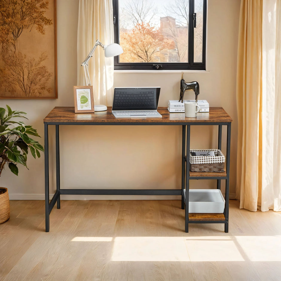 Writing Desk – Metal Frame and Wood – Rustic Brown and Black – Two Shelves for Versatile Storage