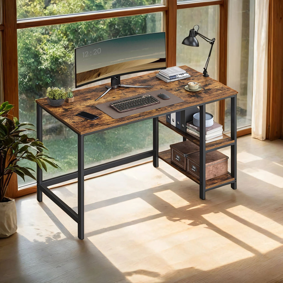 Writing Desk – Metal Frame and Wood – Rustic Brown and Black – Two Shelves for Versatile Storage