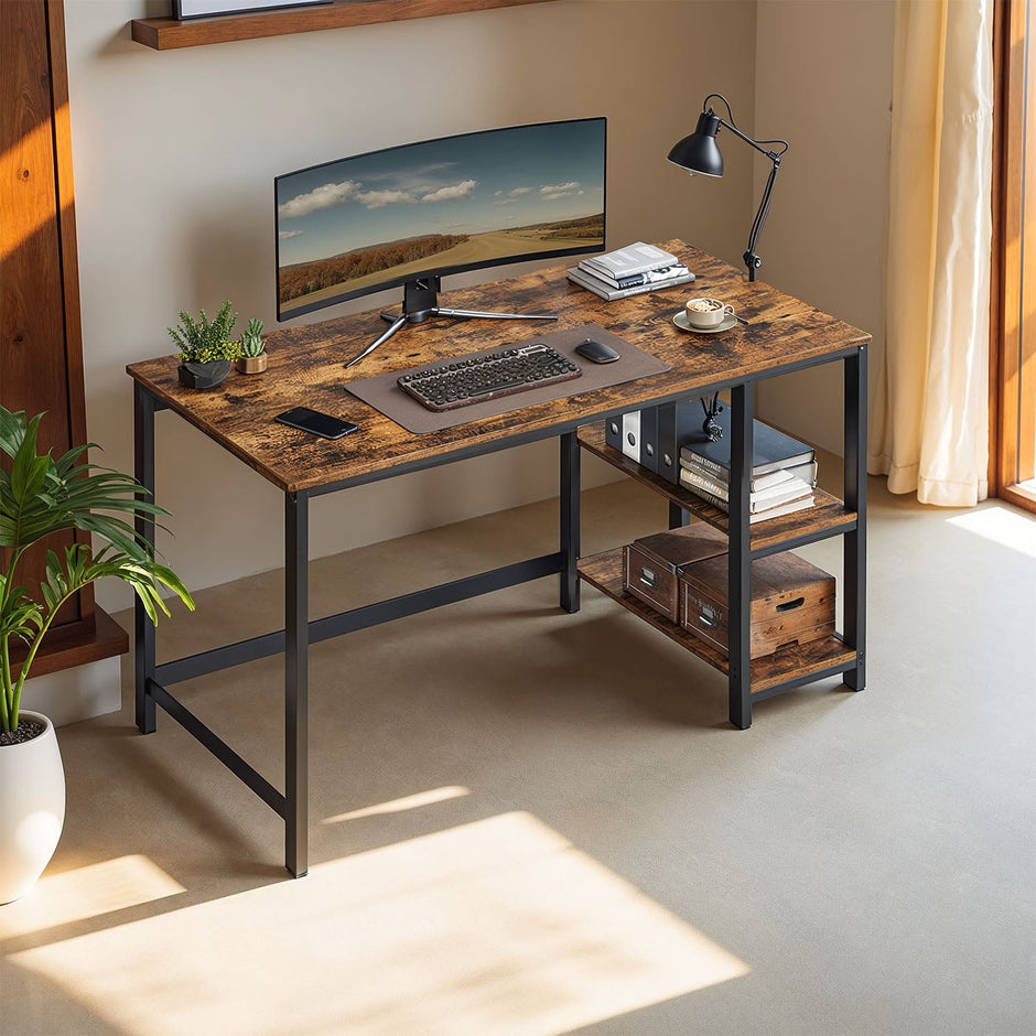 Writing Desk – Metal Frame and Wood – Rustic Brown and Black – Two Shelves for Versatile Storage