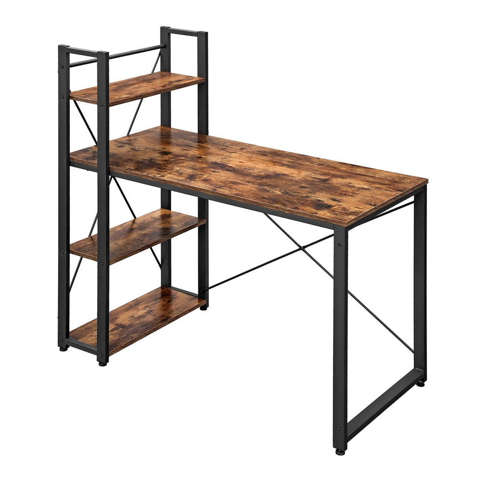 Writing Desk – Wood and Metal – Rustic Brown and Black – Stable with Storage Shelves