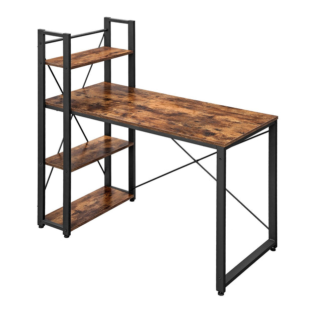 Writing Desk – Wood and Metal – Rustic Brown and Black – Stable with Storage Shelves