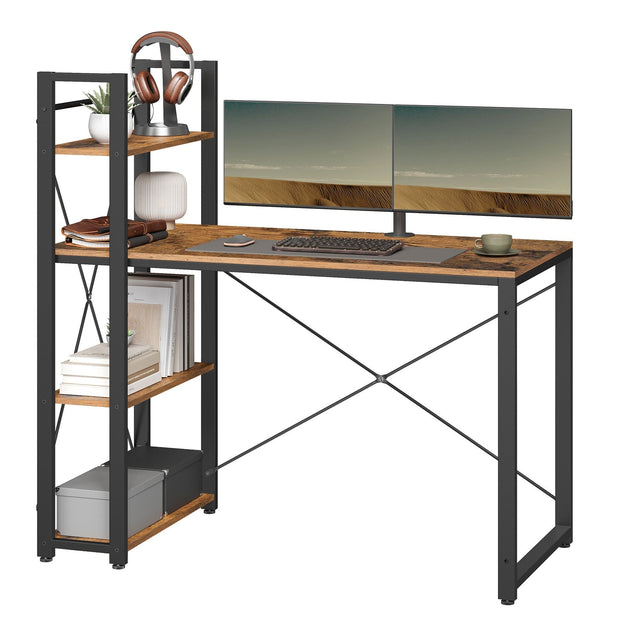 Writing Desk – Wood and Metal – Rustic Brown and Black – Stable with Storage Shelves
