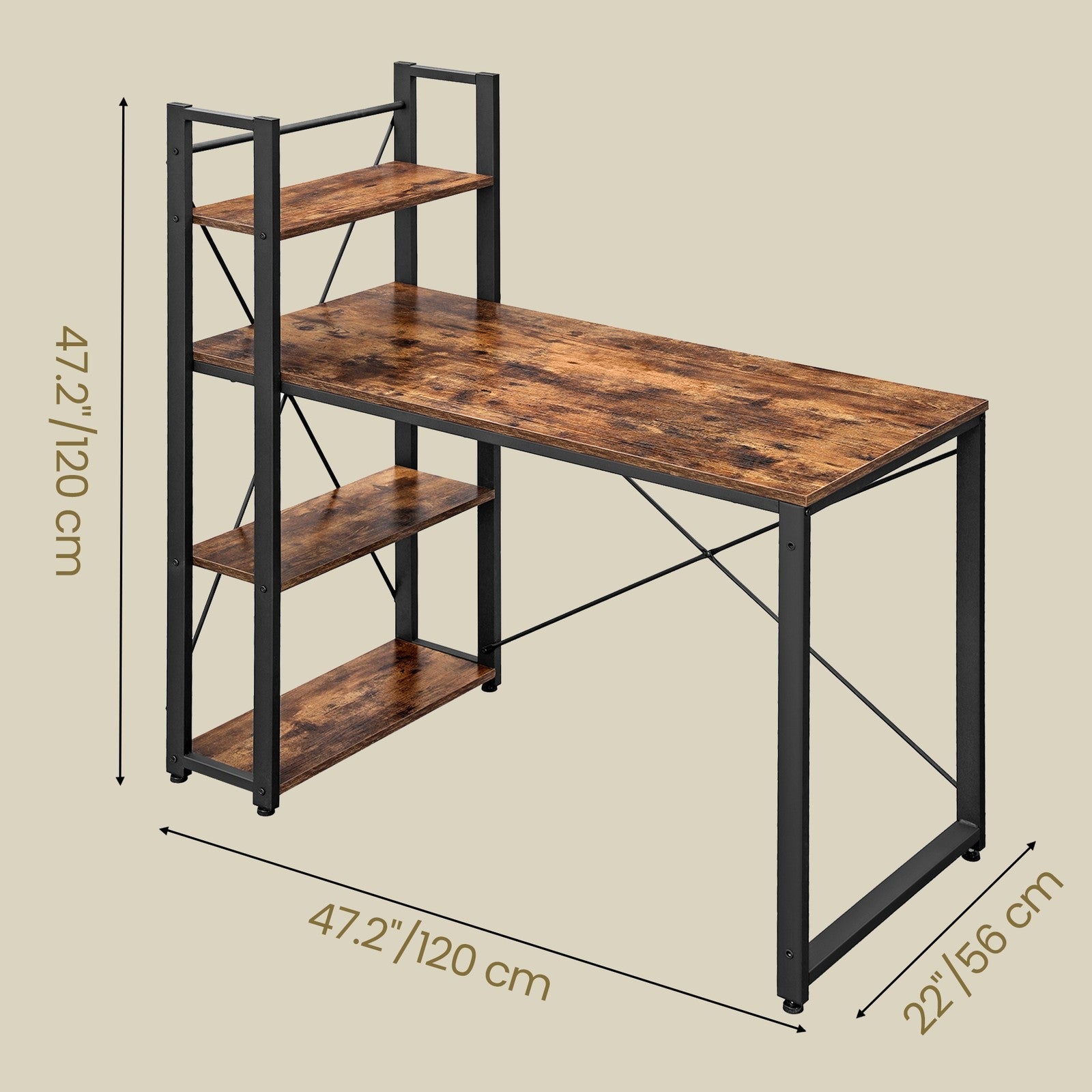Writing Desk – Wood and Metal – Rustic Brown and Black – Stable with Storage Shelves