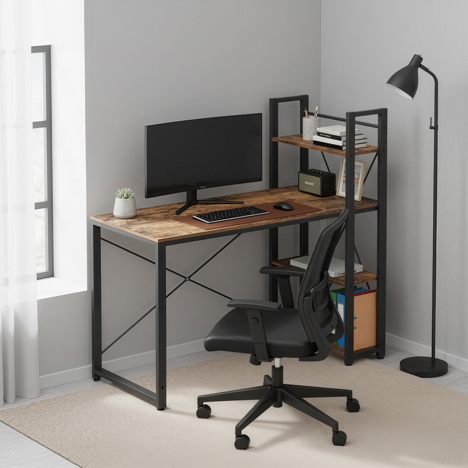 Writing Desk – Wood and Metal – Rustic Brown and Black – Stable with Storage Shelves