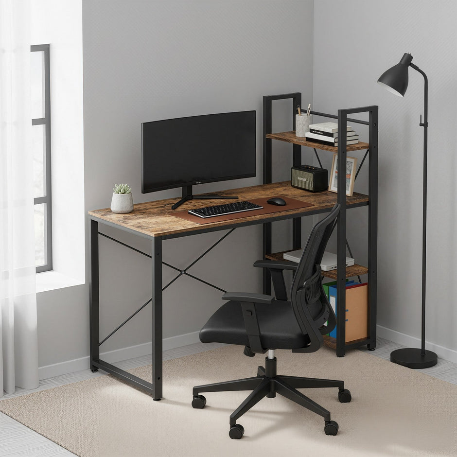 Writing Desk – Wood and Metal – Rustic Brown and Black – Stable with Storage Shelves