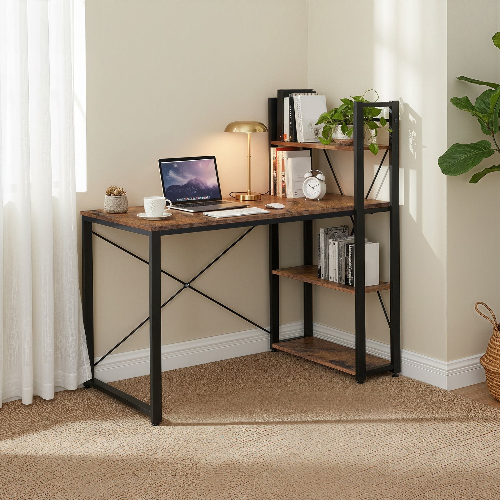 Writing Desk – Wood and Metal – Rustic Brown and Black – Stable with Storage Shelves