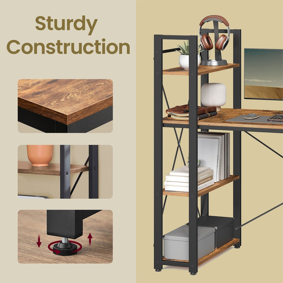 Writing Desk – Wood and Metal – Rustic Brown and Black – Stable with Storage Shelves