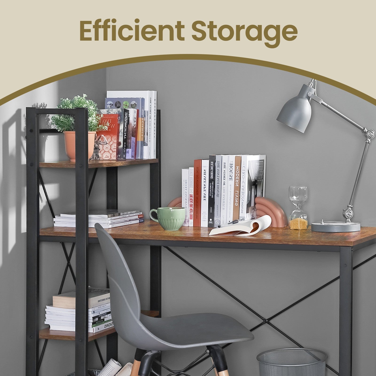 Writing Desk – Wood and Metal – Rustic Brown and Black – Stable with Storage Shelves