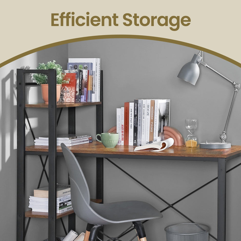 Writing Desk – Wood and Metal – Rustic Brown and Black – Stable with Storage Shelves