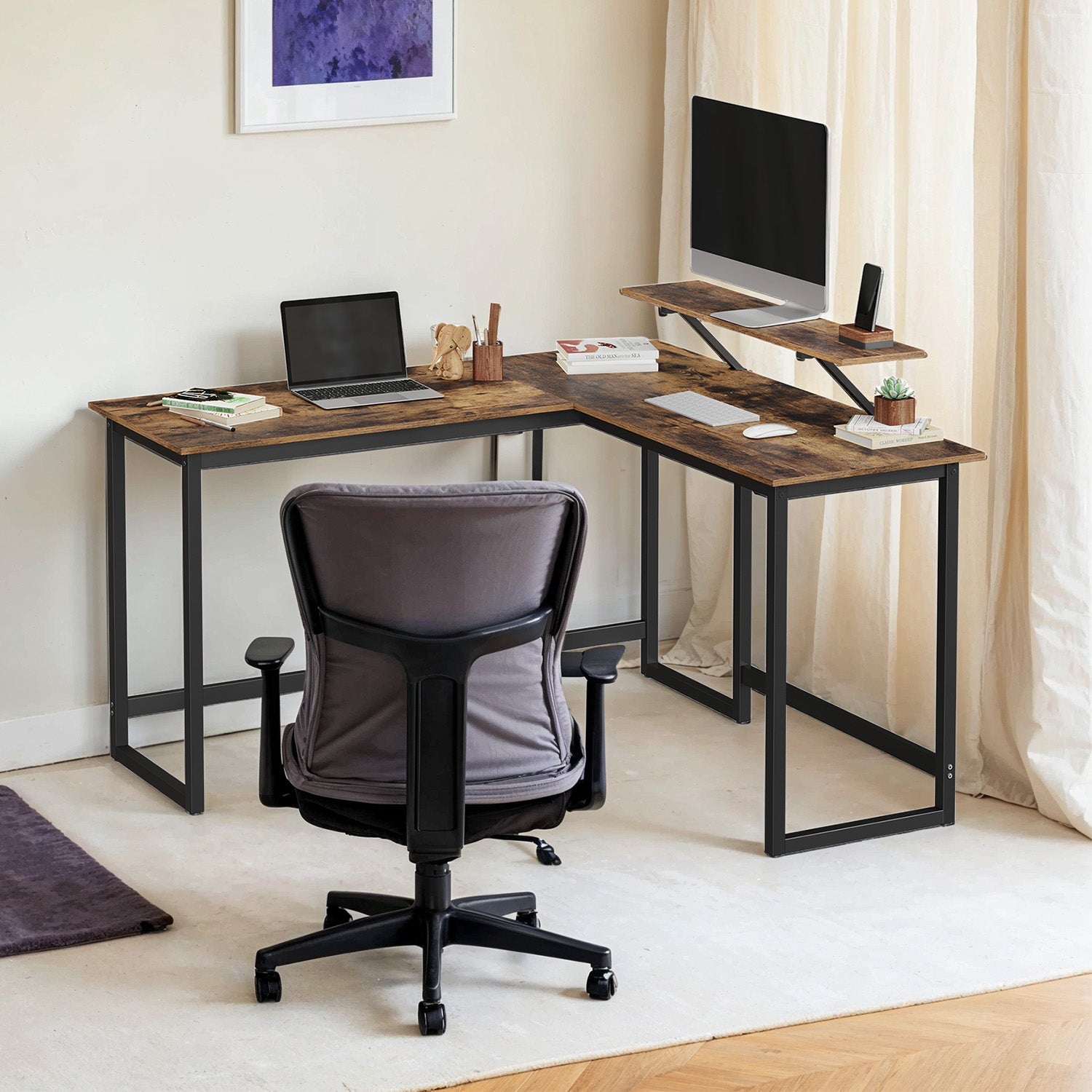 L-Shaped Corner Desk – Wood and Metal – Rustic Brown and Black – Space Saving Design with Monitor Stand