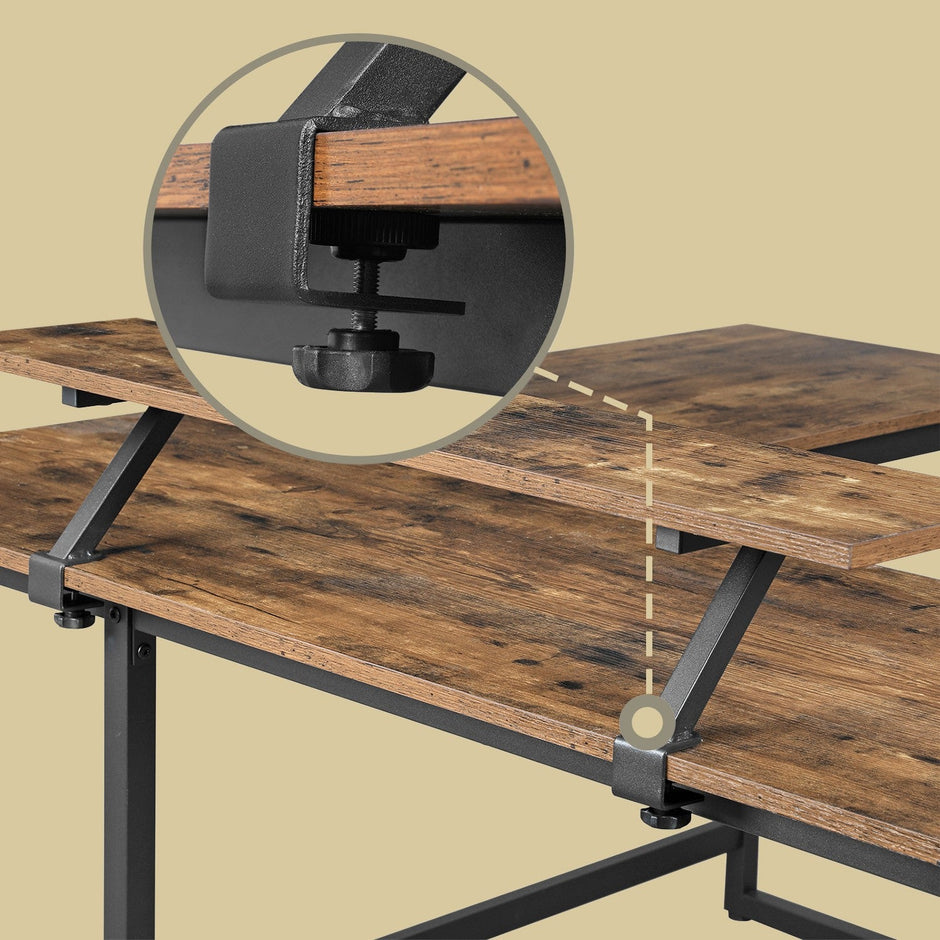 L-Shaped Corner Desk – Wood and Metal – Rustic Brown and Black – Space Saving Design with Monitor Stand