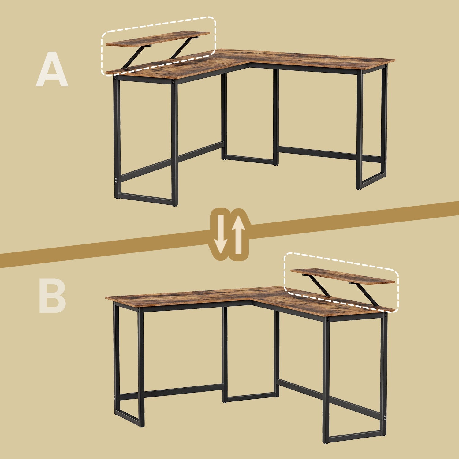 L-Shaped Corner Desk – Wood and Metal – Rustic Brown and Black – Space Saving Design with Monitor Stand