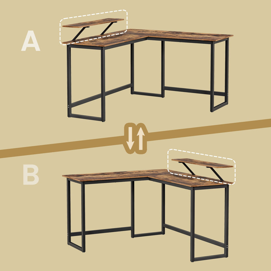 L-Shaped Corner Desk – Wood and Metal – Rustic Brown and Black – Space Saving Design with Monitor Stand