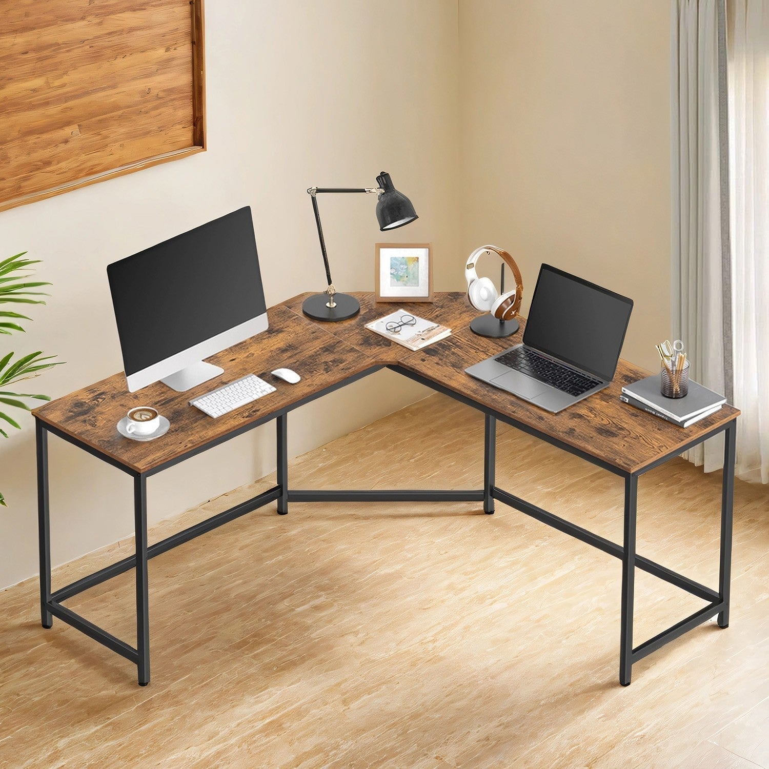 L-Shaped Corner Desk – Particle Board – Brown – Space-Saving Design for Home Office and Gaming