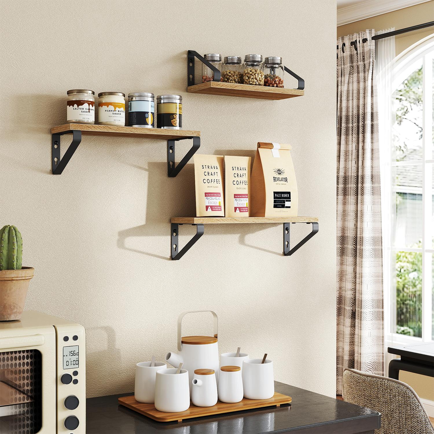 Wall Mounted Floating Shelves – Wood – Golden Oak and Matte Black – Set of 3 with Dual Mounting Options