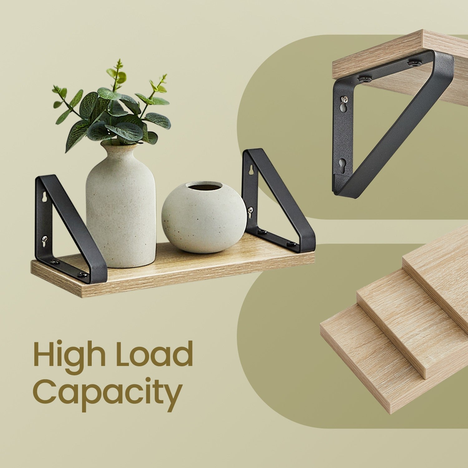 Wall Mounted Floating Shelves – Wood – Golden Oak and Matte Black – Set of 3 with Dual Mounting Options