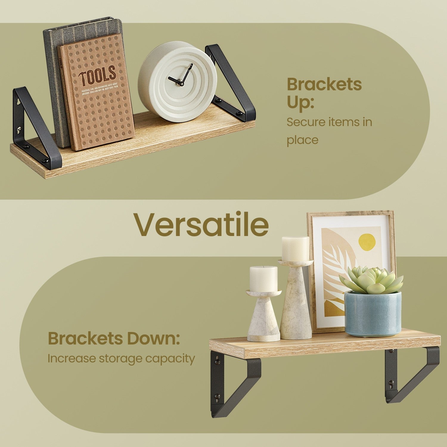 Wall Mounted Floating Shelves – Wood – Golden Oak and Matte Black – Set of 3 with Dual Mounting Options
