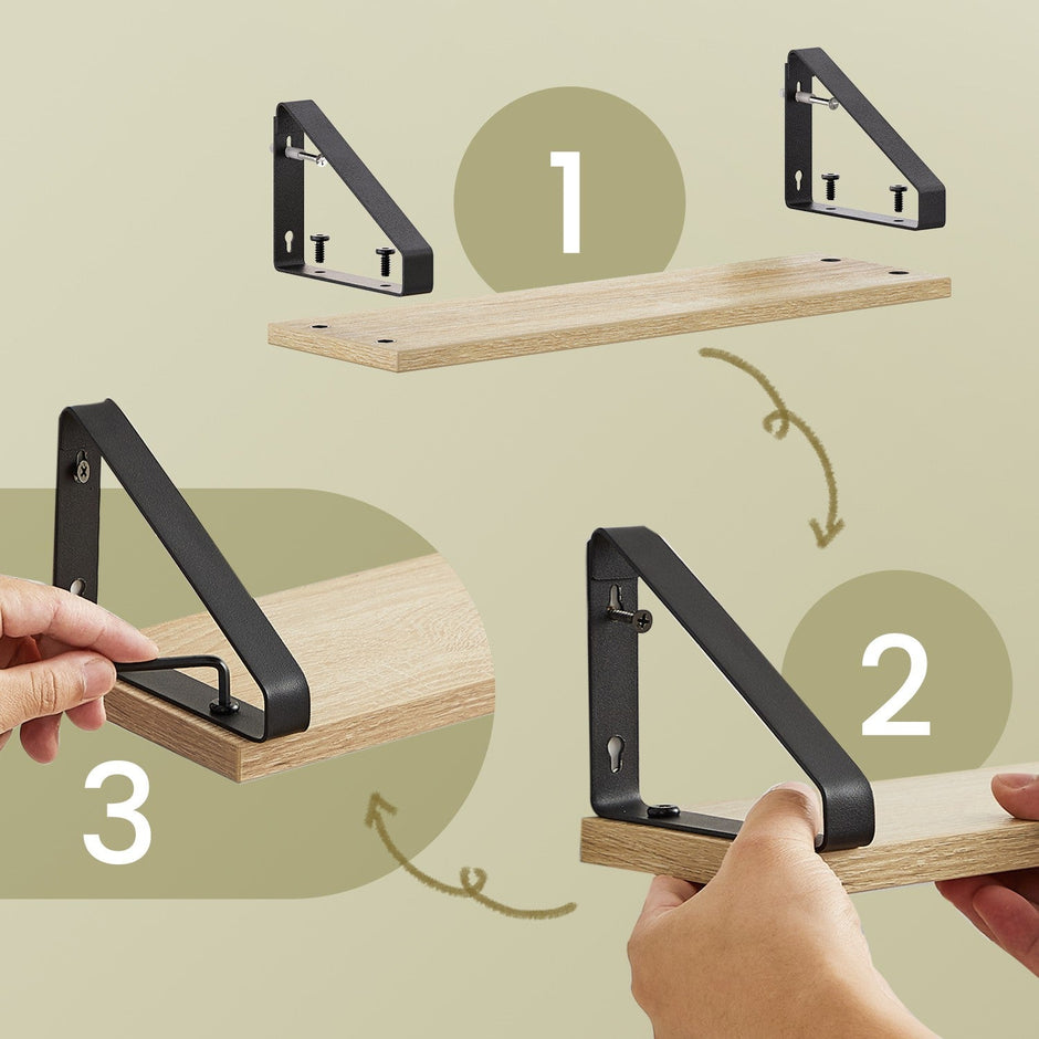 Wall Mounted Floating Shelves – Wood – Golden Oak and Matte Black – Set of 3 with Dual Mounting Options