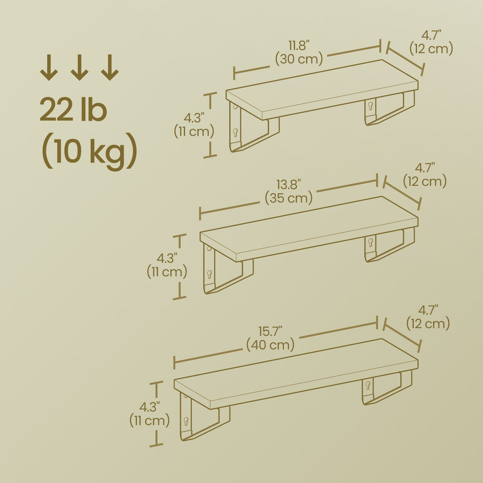 Wall Mounted Floating Shelves – Wood – Golden Oak and Matte Black – Set of 3 with Dual Mounting Options