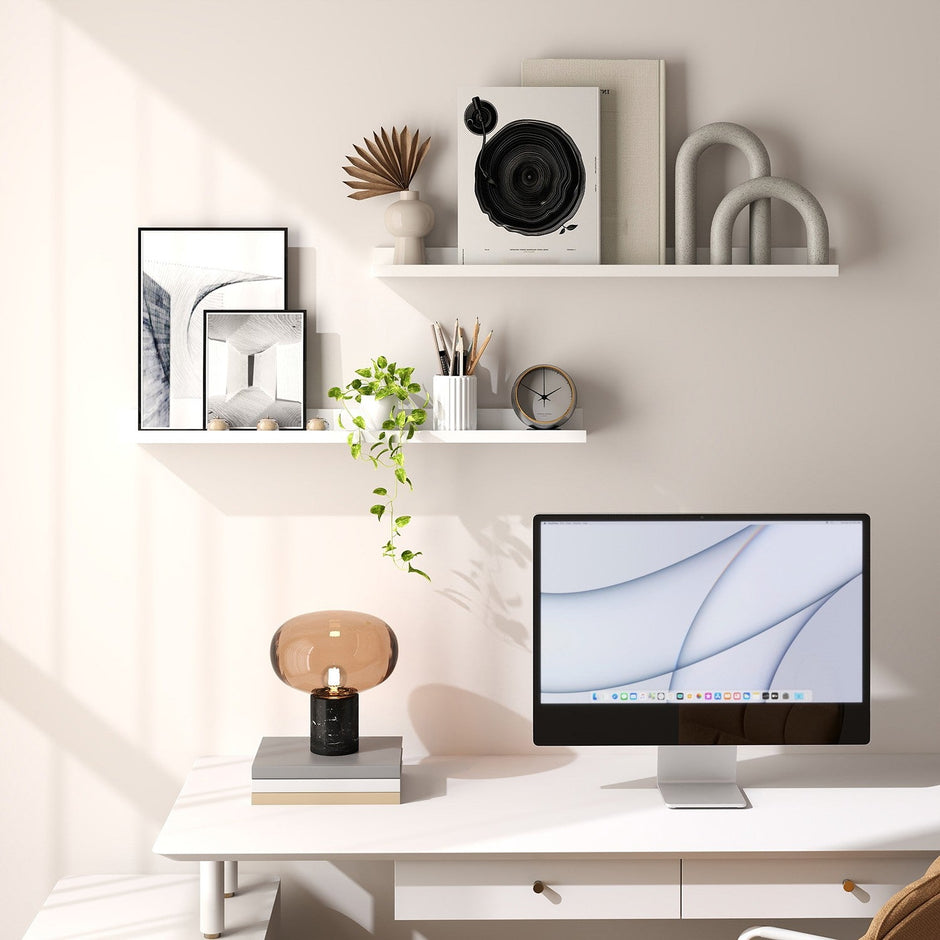 Floating Wall Shelves – MDF – Matte White – Set of 2 with Front Edges for Picture Frames