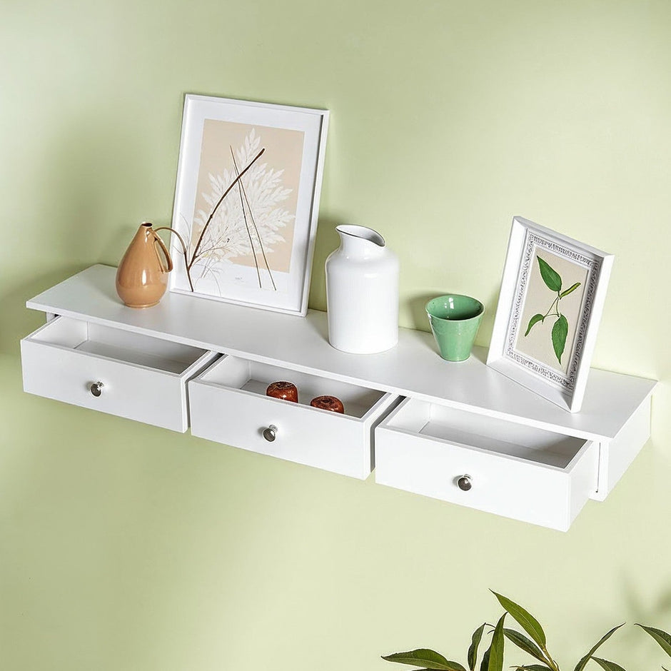 Floating Shelf – MDF – White – 3 Drawers with High Gloss Finish