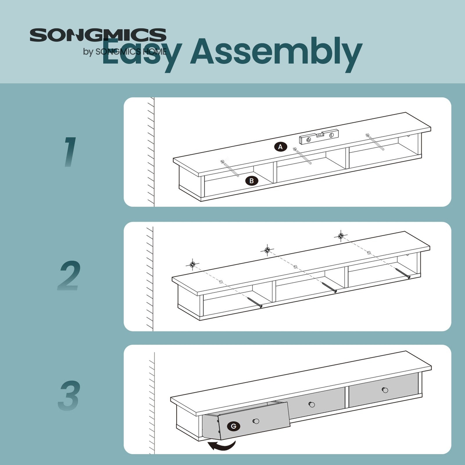 Floating Shelf – MDF – White – 3 Drawers with High Gloss Finish