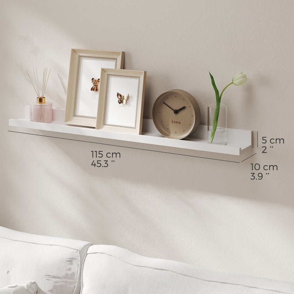 Floating Shelf – MDF – White – Wall Mounted for Photo Frames and Books, 115 x 10 cm