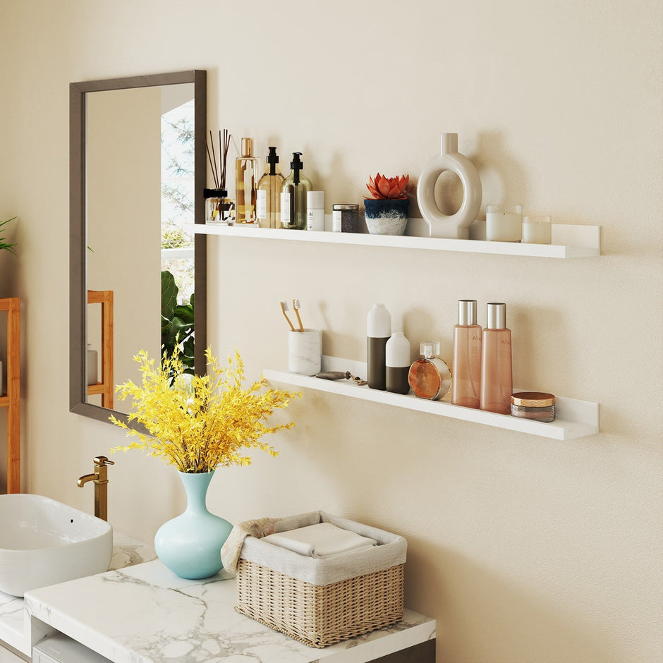 Floating Shelf – MDF – White – Wall Mounted for Photo Frames and Books, 115 x 10 cm