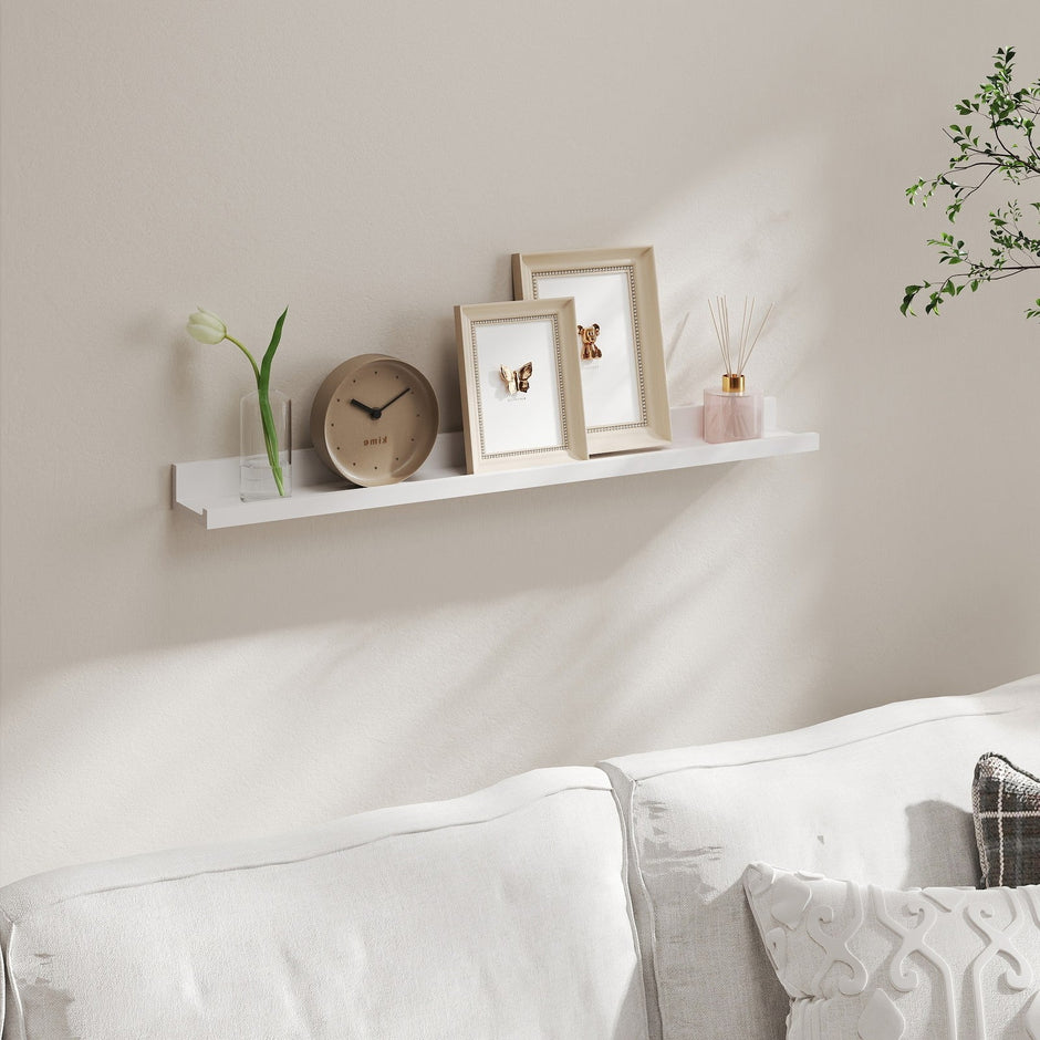 Floating Shelf – MDF – White – Wall Mounted for Photo Frames and Books, 115 x 10 cm