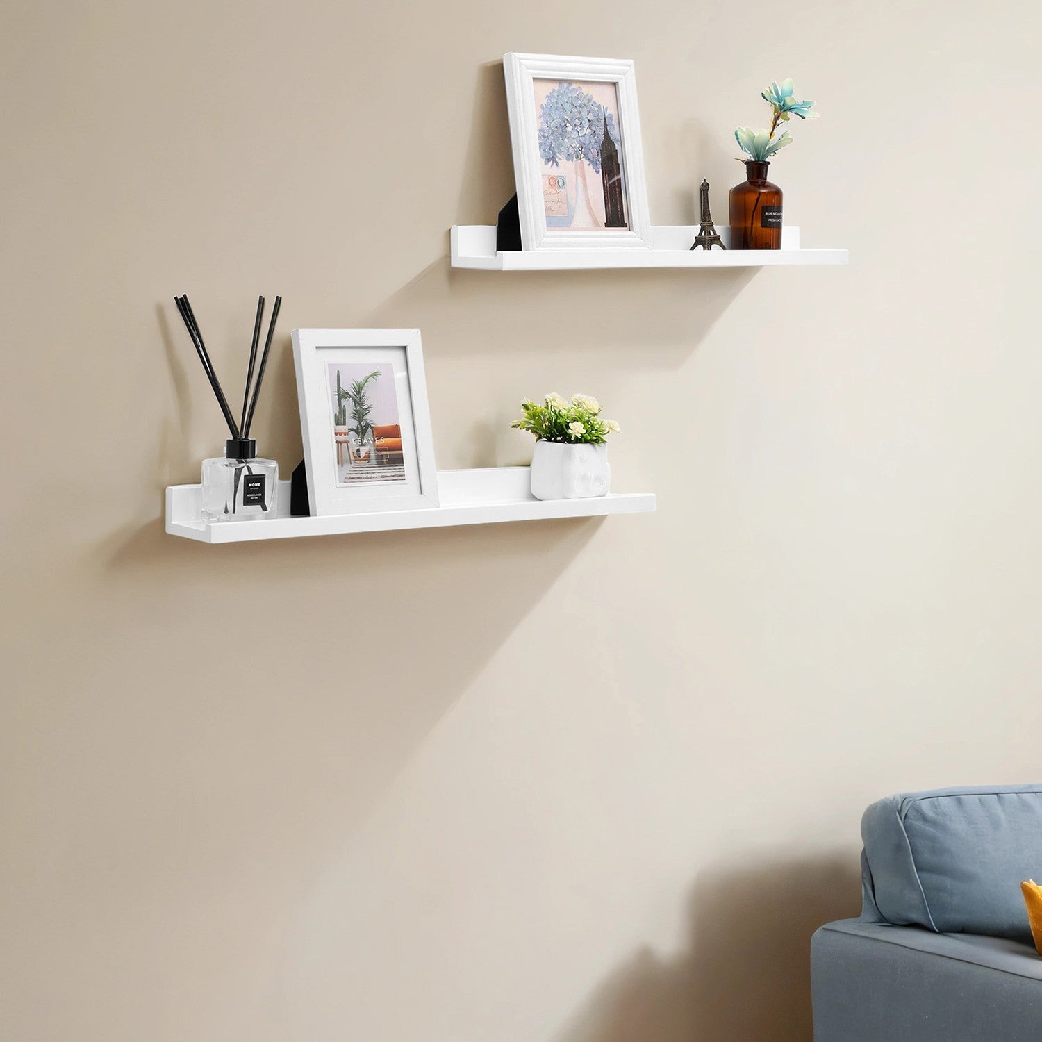 Set of 2 Floating Wall Shelves – MDF – White – High-Gloss Finish, Easy to Assemble