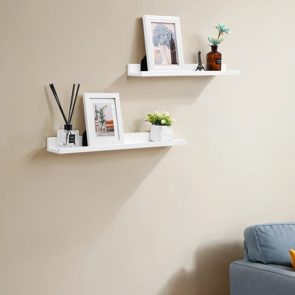 Set of 2 Floating Wall Shelves – MDF – White – High-Gloss Finish, Easy to Assemble