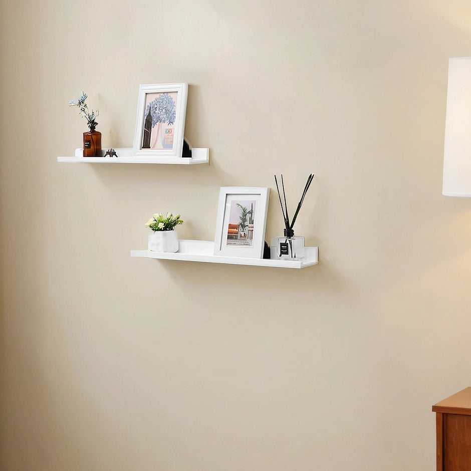 Set of 2 Floating Wall Shelves – MDF – White – High-Gloss Finish, Easy to Assemble